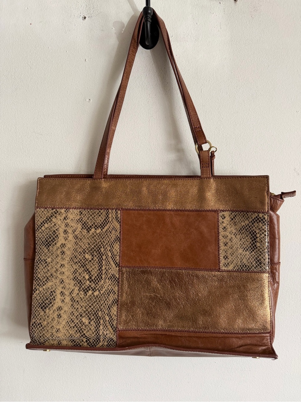 HOBO Patchwork Metallic & Snakeskin-Accent Brown Tote